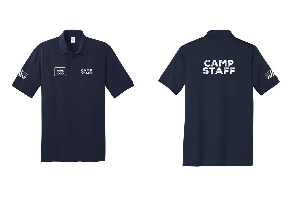NYC Factory Custom Logo Camp Staff Polo Shirt (Rustic) - CAMP STAFF + Your Logo + Back + US Flag Sleeve - Navy
