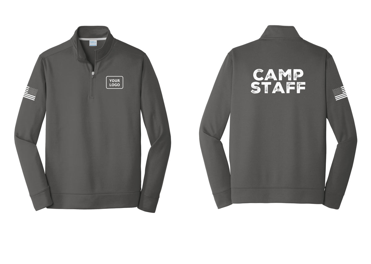 NYC Factory Custom Logo Camp Staff Performance Fleece 1/4-Zip Pullover Sweatshirt (Rustic) - Your Logo + Back + US Flag Sleeve - Charcoal