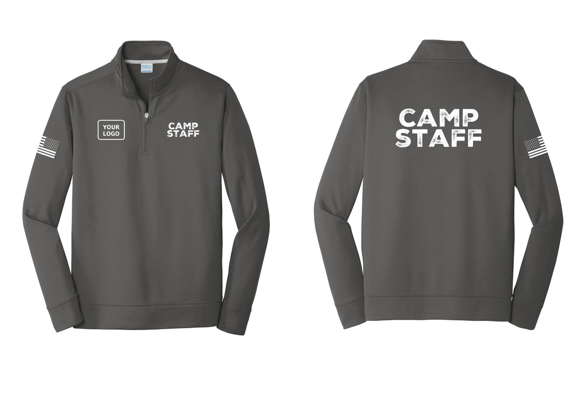 NYC Factory Custom Logo Camp Staff Performance Fleece 1/4-Zip Pullover Sweatshirt (Rustic) - CAMP STAFF + Your Logo + Back + US Flag Sleeve - Charcoal