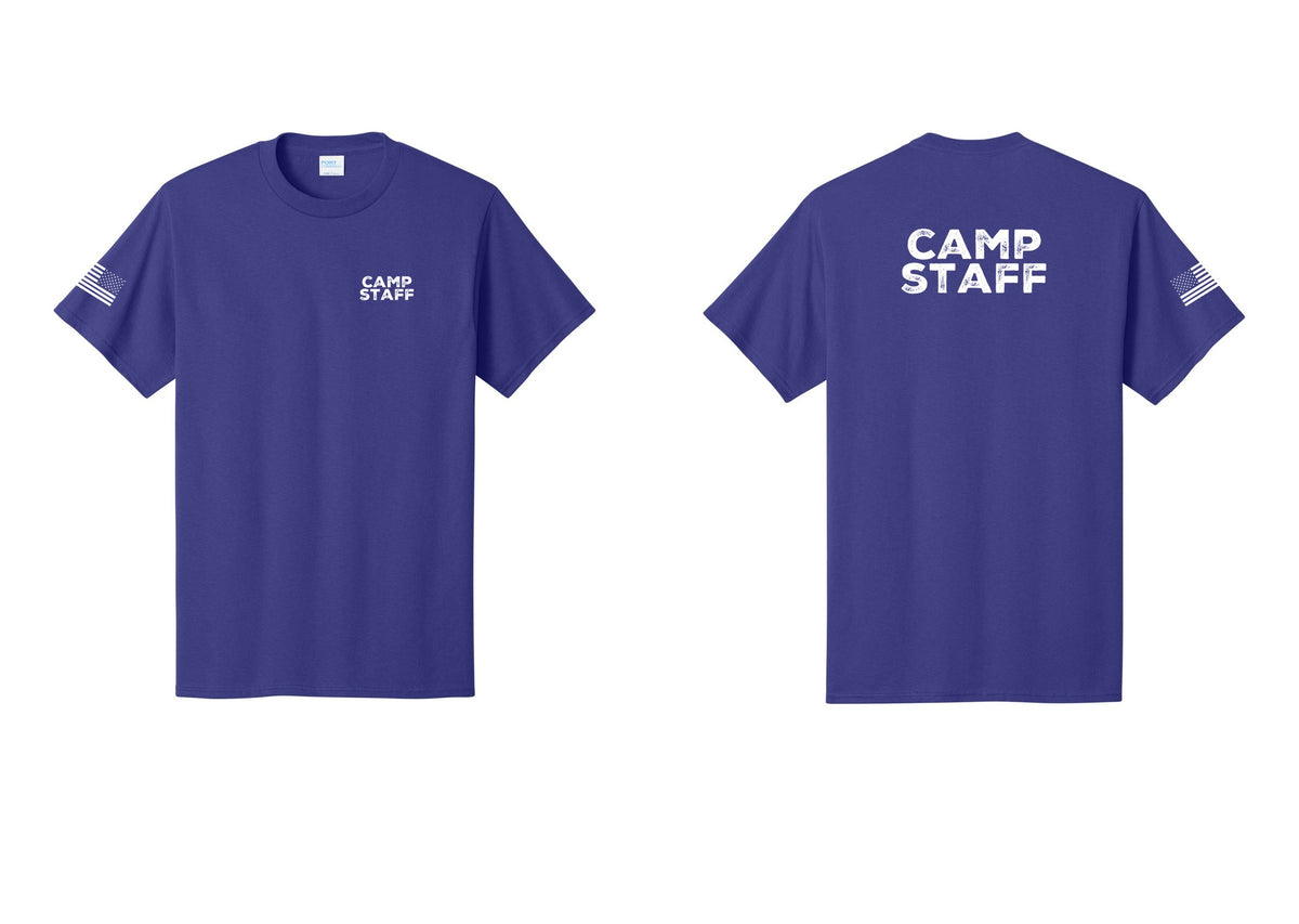 NYC Factory Camp Staff T-Shirt - Chest + Back + US Flag Sleeve - Purple