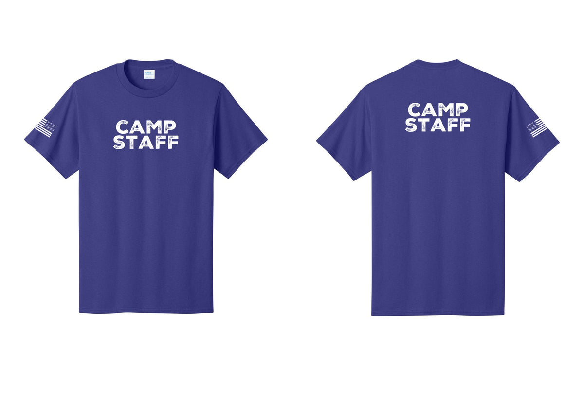 NYC Factory Camp Staff T-Shirt - Front + Back + US Flag Sleeve - Purple