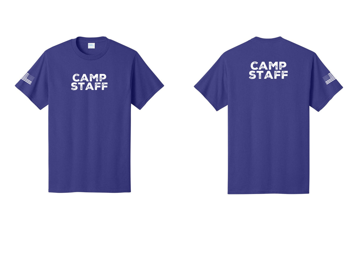NYC Factory Unisex Camp Staff Charcoal T-Shirt - Front + Back + US Flag Sleeve - Purple