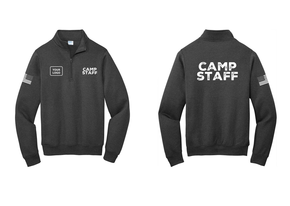 NYC Factory Custom Logo Camp Staff Cotton Fleece 1/4-Zip Pullover Sweatshirt (Rustic) - CAMP STAFF + Your Logo + Back + US Flag Sleeve - Dark Heather Grey