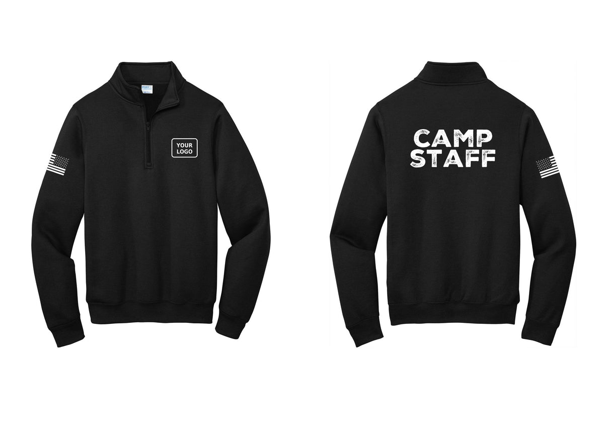NYC Factory Custom Logo Camp Staff Cotton Fleece 1/4-Zip Pullover Sweatshirt (Rustic) - Your Logo + Back + US Flag Sleeve - Black