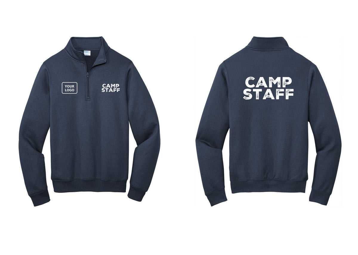 NYC Factory Custom Logo Camp Staff Cotton Fleece 1/4-Zip Pullover Sweatshirt (Rustic) - CAMP STAFF + Your Logo + Back - Navy