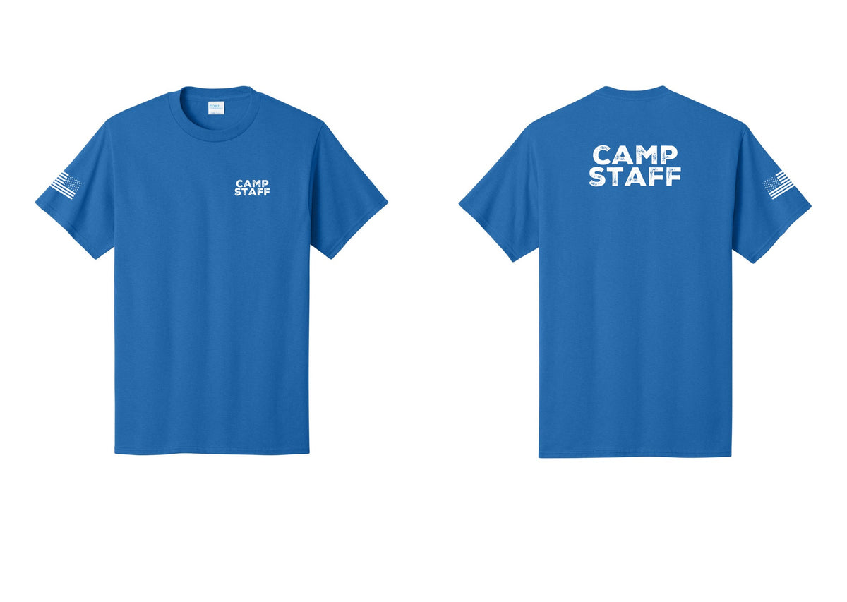 NYC Factory Unisex Camp Staff Charcoal T-Shirt - Chest + Back + US Flag Sleeve - Royal