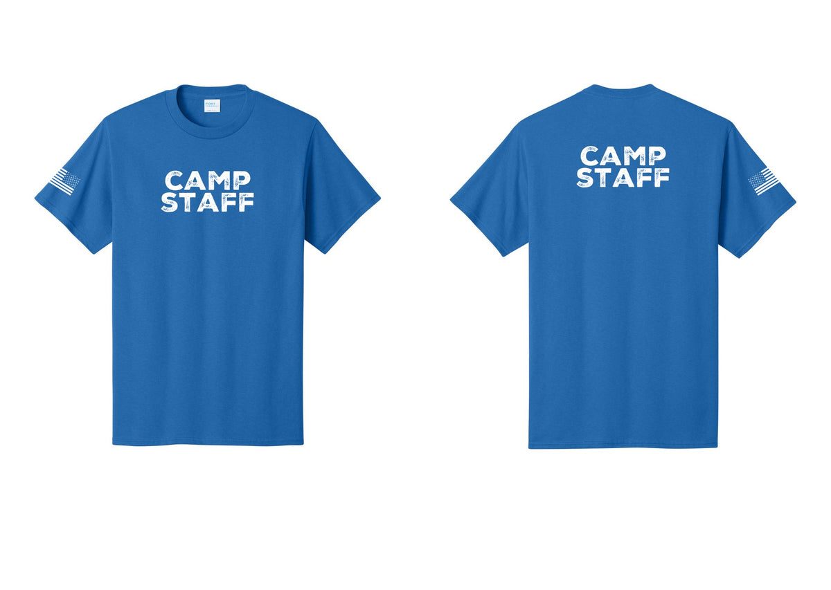 NYC Factory Camp Staff T-Shirt - Front + Back + US Flag Sleeve - Royal