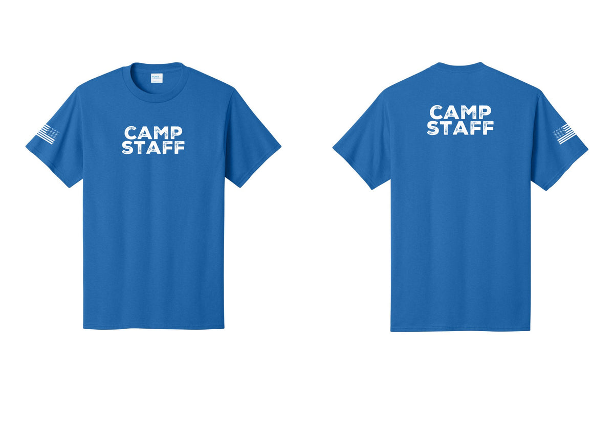 NYC Factory Unisex Camp Staff Charcoal T-Shirt - Front + Back + US Flag Sleeve - Royal