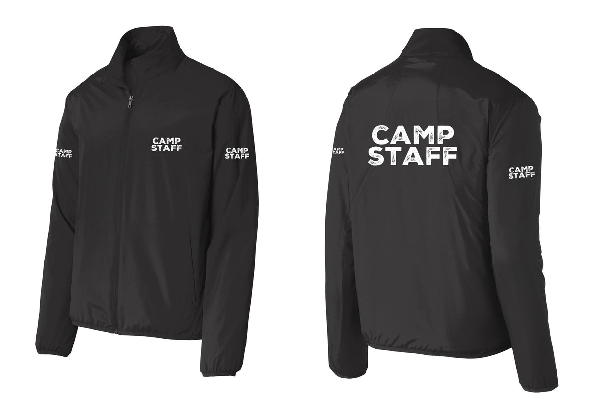 NYC Factory Camp Staff Windbreaker Full-Zip Jacket (Rustic) - Chest + Back + Camp Staff Sleeves - Black