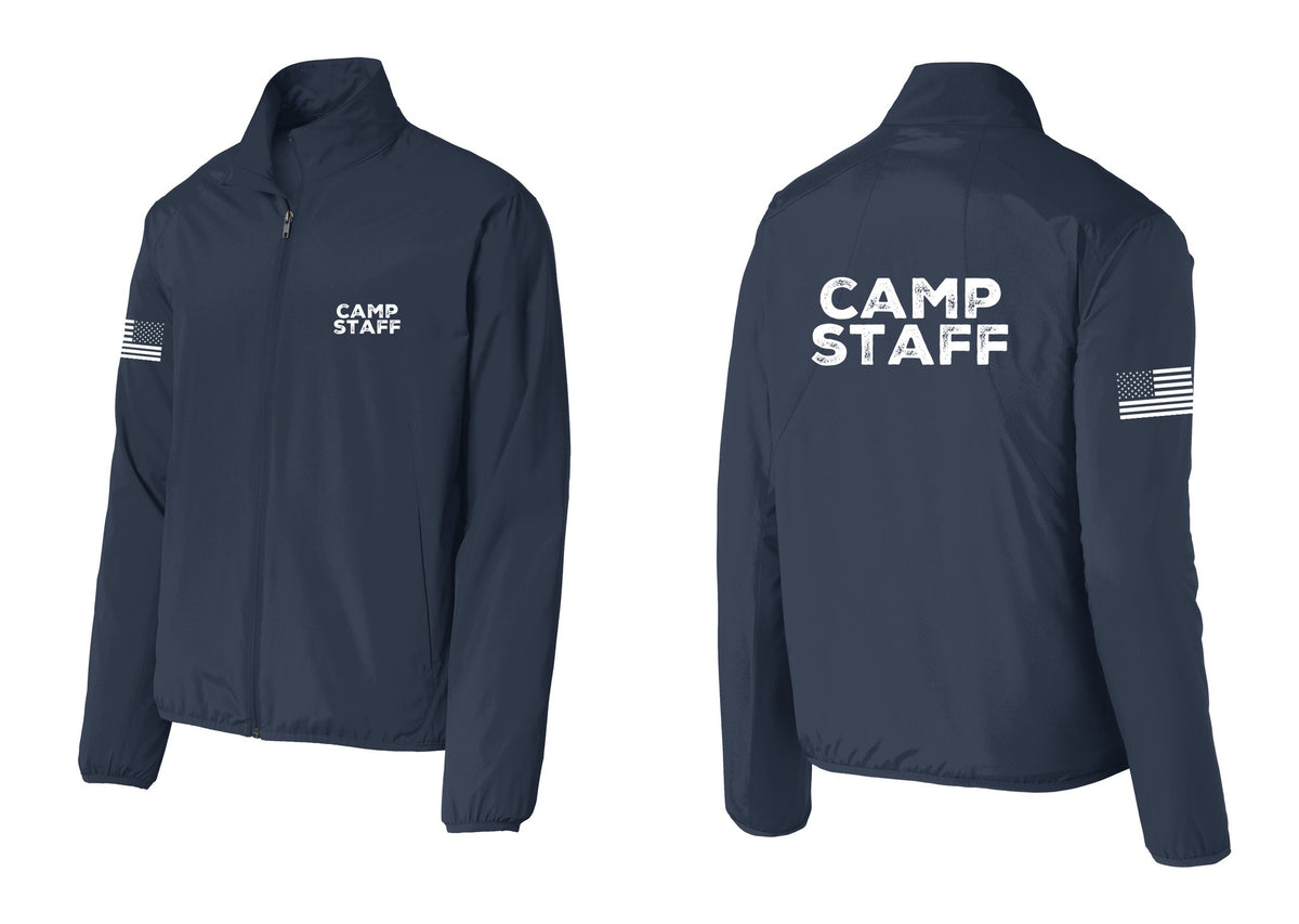 NYC Factory Camp Staff Windbreaker Full-Zip Jacket (Rustic) - Chest + Back + US Flag Sleeve - Dress Blue Navy