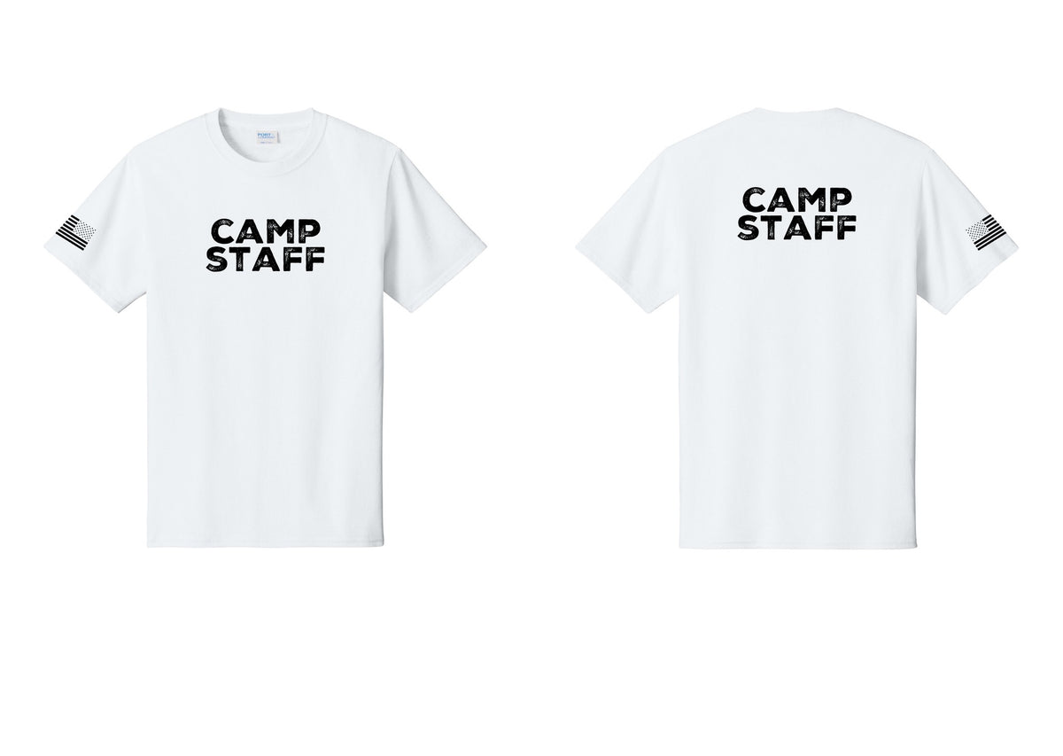 NYC Factory Camp Staff T-Shirt - Front + Back + US Flag Sleeve - White