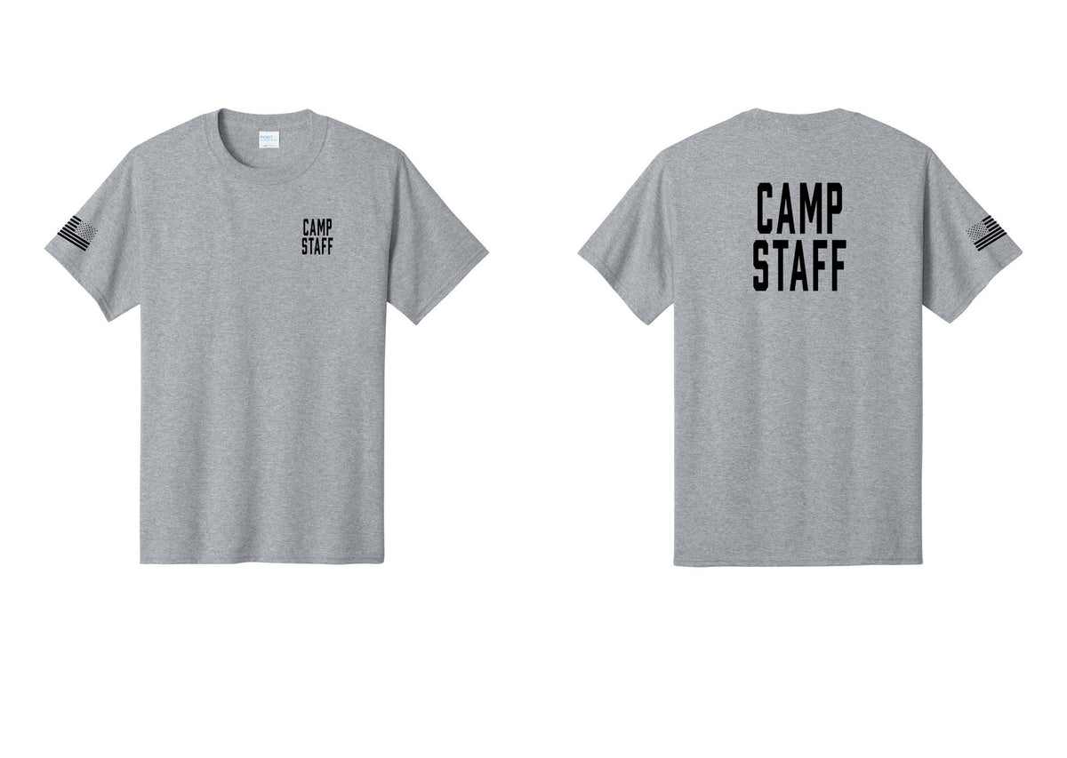 NYC Factory Camp Staff T-Shirt, Condensed Lettering - Chest + Back + US Flag Sleeve - Athletic Heather