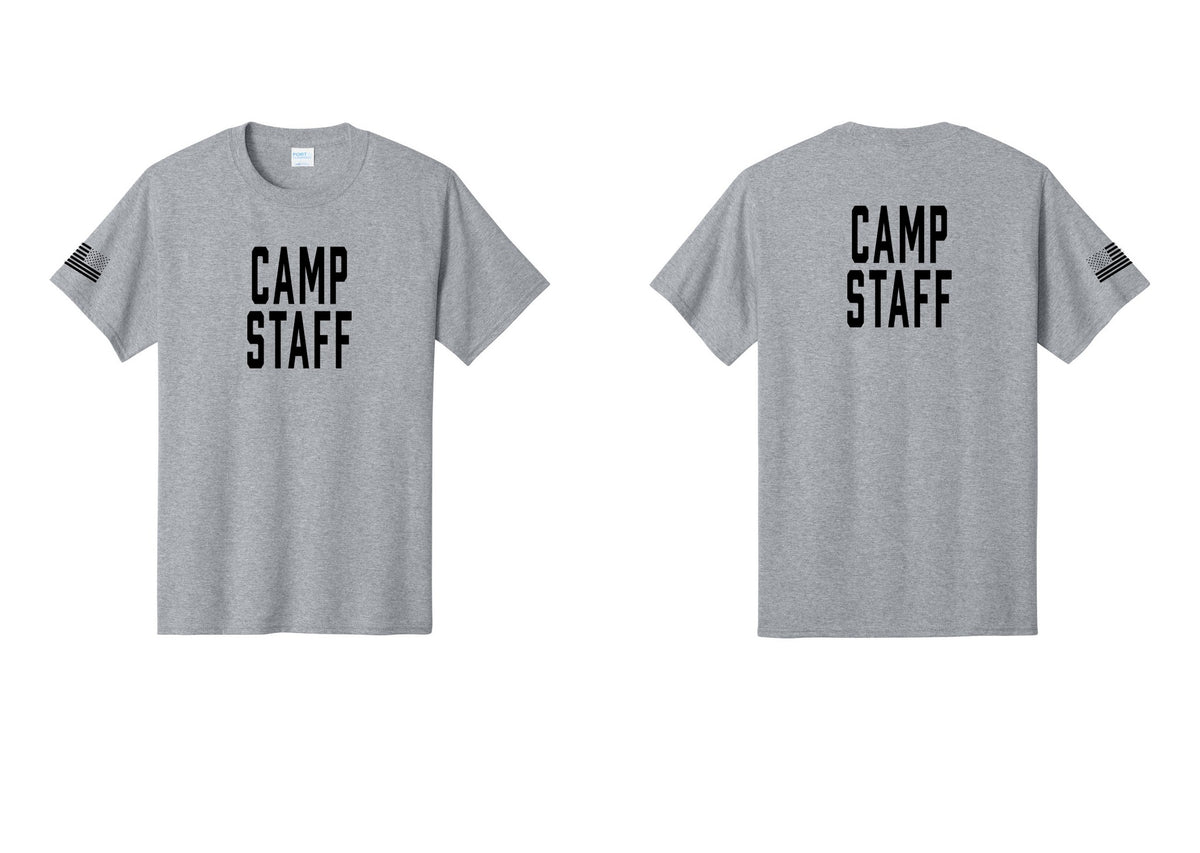 NYC Factory Camp Staff T-Shirt, Condensed Lettering - Front + Back + US Flag Sleeve - Athletic Heather