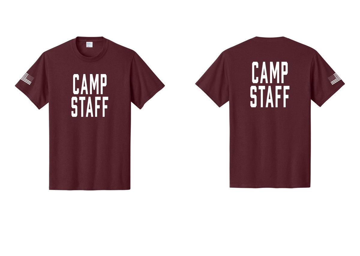 NYC Factory Unisex Camp Staff Classic T-Shirt - Front + Back + US Flag Sleeve - Athletic Maroon