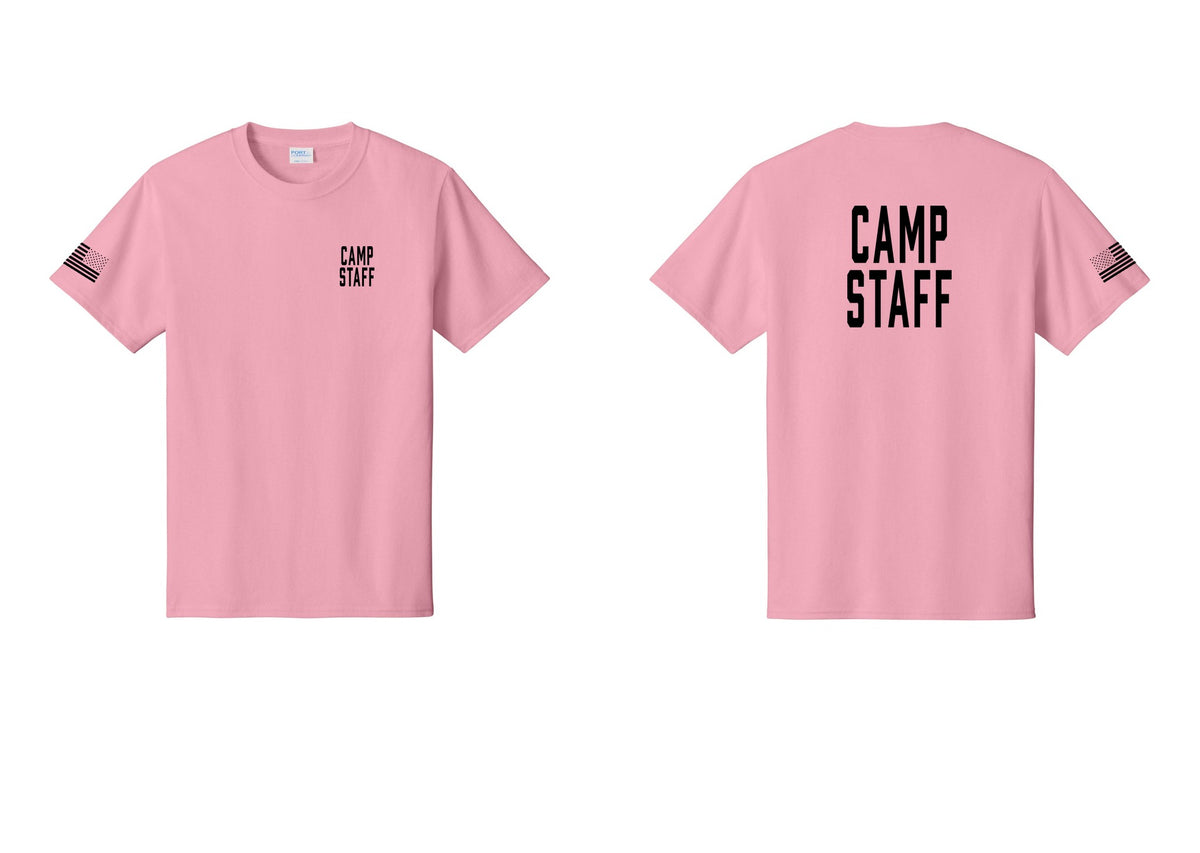 NYC Factory Camp Staff T-Shirt, Condensed Lettering - Chest + Back + US Flag Sleeve - Candy Pink