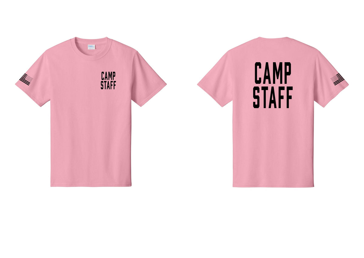NYC Factory Unisex Camp Staff Classic T-Shirt - Chest + Back + US Flag Sleeve - Candy Pink