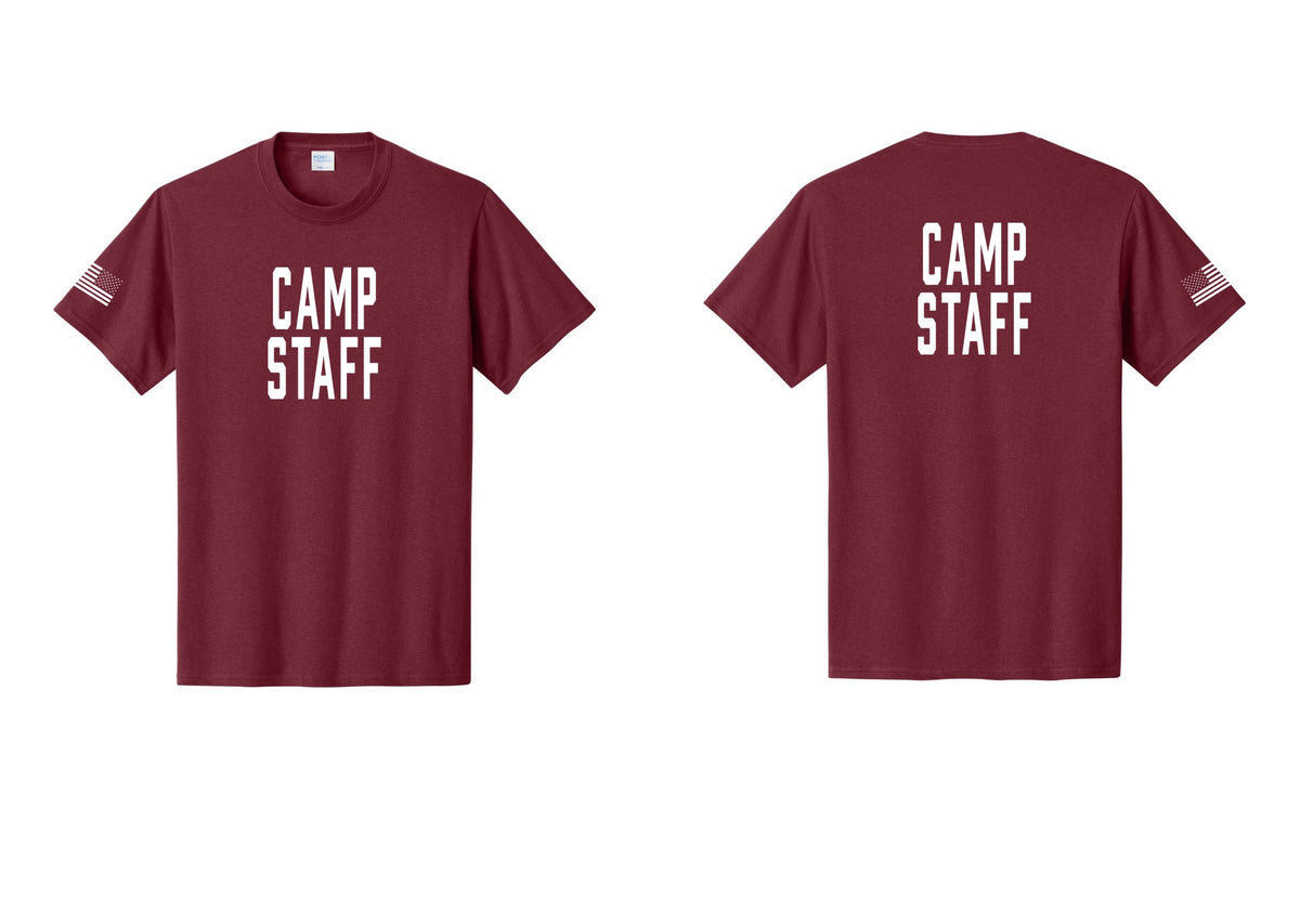 NYC Factory Camp Staff T-Shirt, Condensed Lettering - Front + Back + US Flag Sleeve - Cardinal