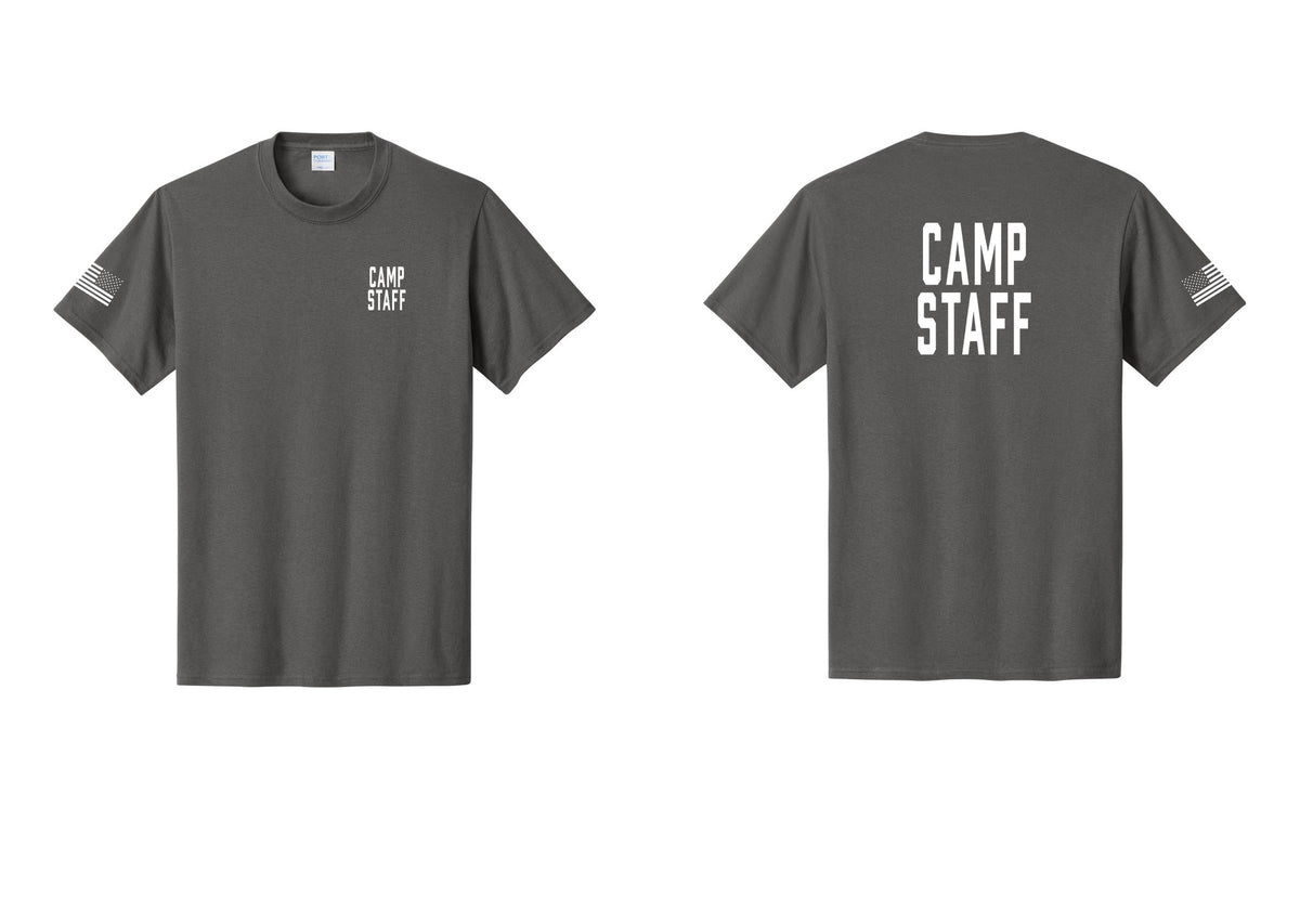 NYC Factory Camp Staff T-Shirt, Condensed Lettering - Chest + Back + US Flag Sleeve - Charcoal