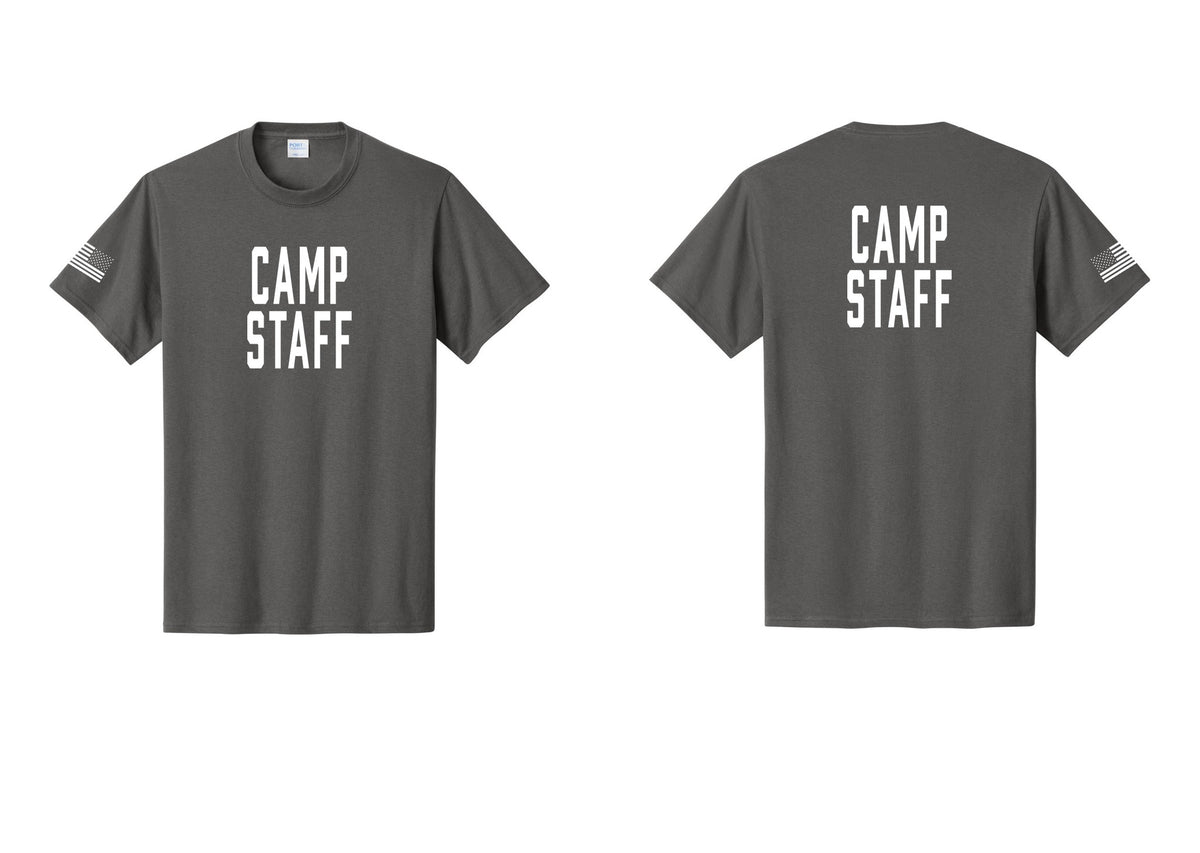 NYC Factory Camp Staff T-Shirt, Condensed Lettering - Front + Back + US Flag Sleeve - Charcoal