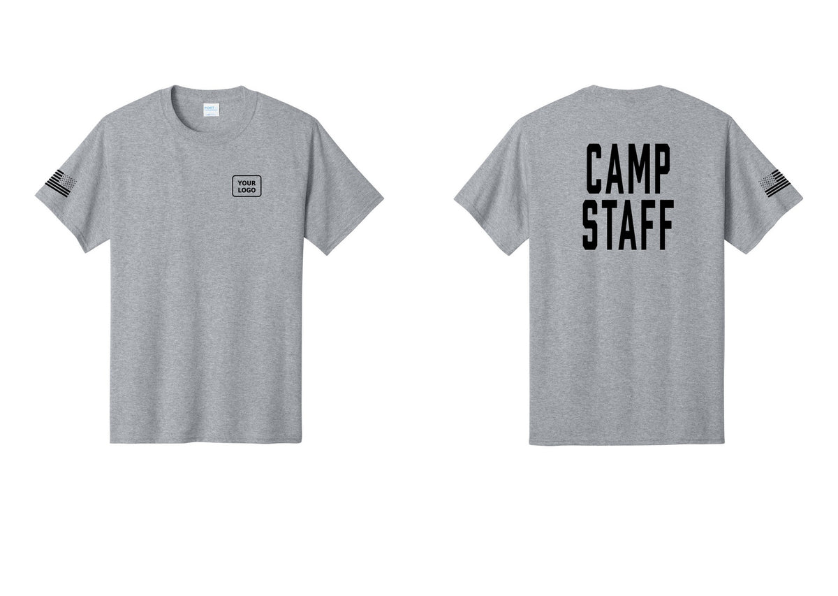 NYC Factory Unisex Custom Logo Camp Staff T-Shirt - Your Logo + Back + US Flag Sleeve - Athletic Heather