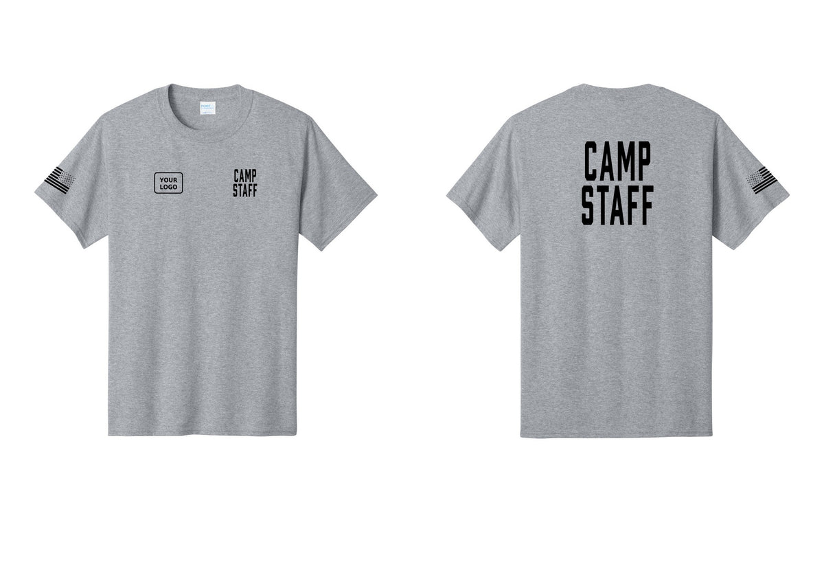 NYC Factory Custom Logo Camp Staff T-Shirt, Condensed Lettering - CAMP STAFF + Your Logo + Back + US Flag Sleeve - Athletic Heather