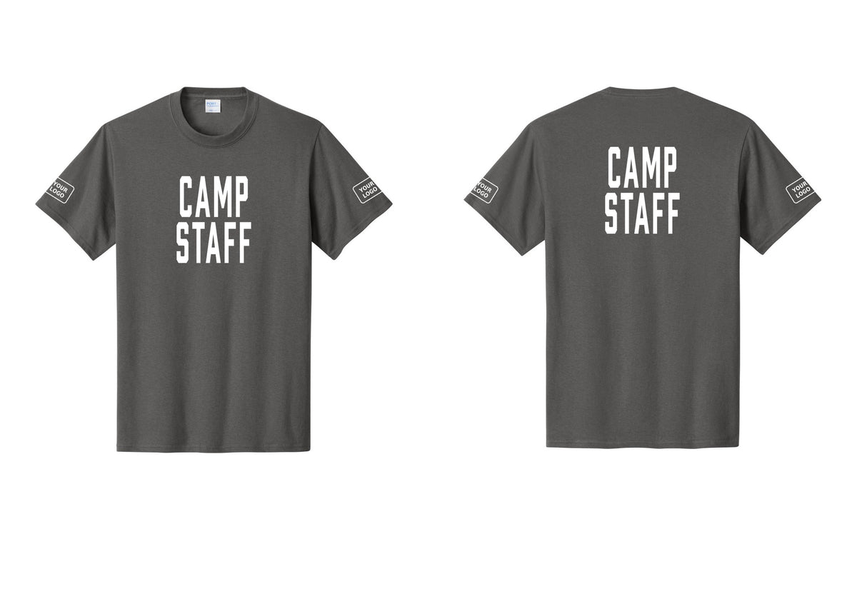NYC Factory Custom Logo Camp Staff T-Shirt, Condensed Lettering - Front + Back + Your Logo Sleeves - Charcoal