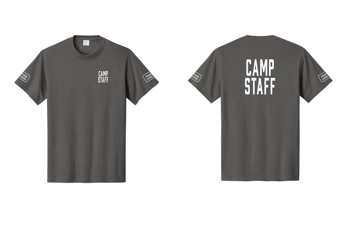 NYC Factory Custom Logo Camp Staff T-Shirt, Condensed Lettering - Chest + Back + Your Logo Sleeves - Charcoal
