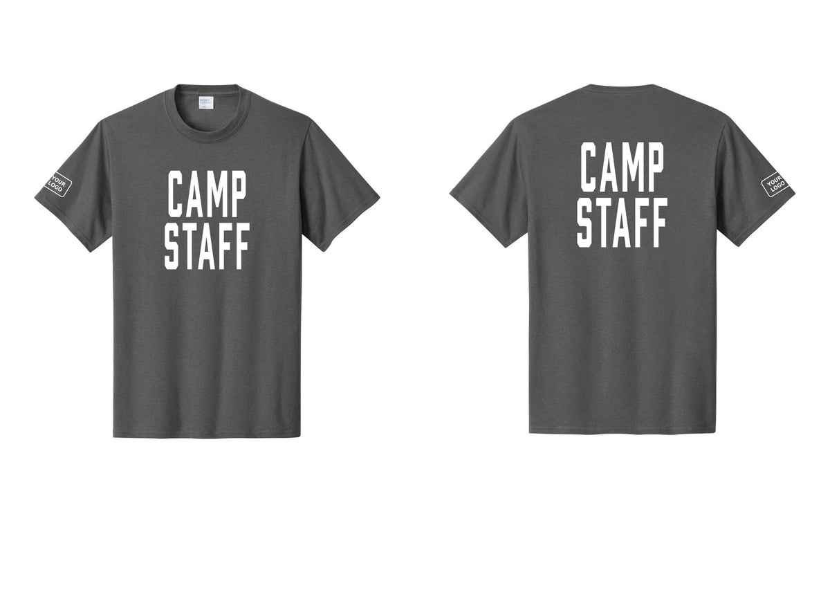 NYC Factory Unisex Custom Logo Camp Staff T-Shirt - Front + Back + Your Logo Sleeve - Charcoal