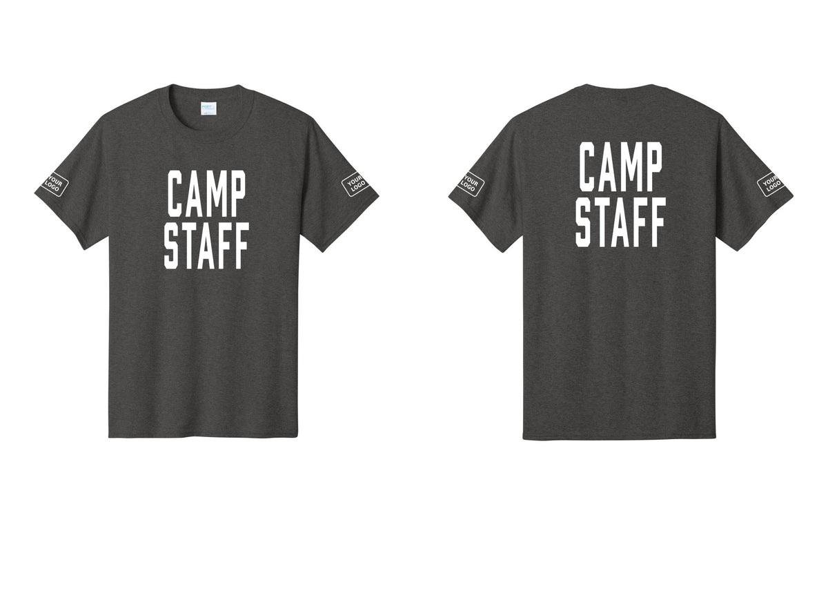 NYC Factory Unisex Custom Logo Camp Staff T-Shirt - Front + Back + Your Logo Sleeves - Dark Heather Grey