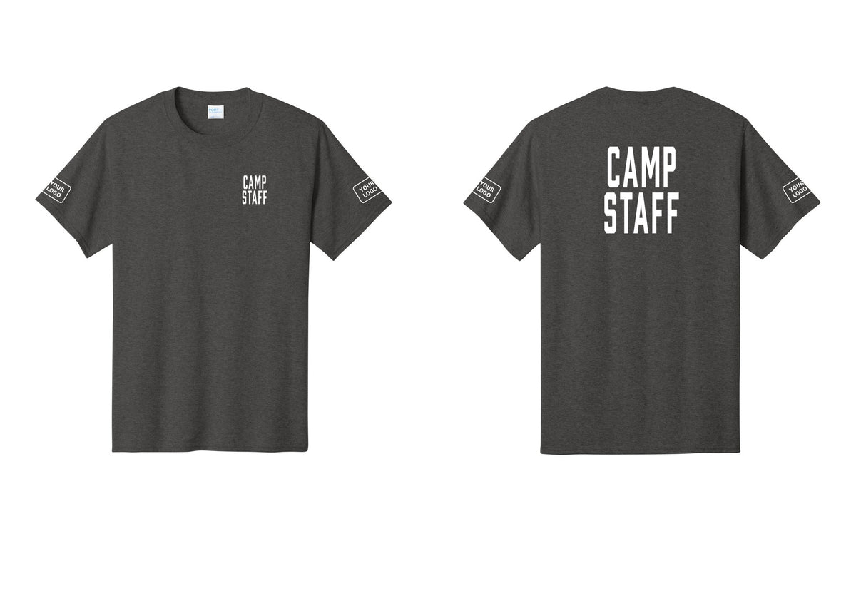 NYC Factory Custom Logo Camp Staff T-Shirt, Condensed Lettering - Chest + Back + Your Logo Sleeves - Dark Heather Grey