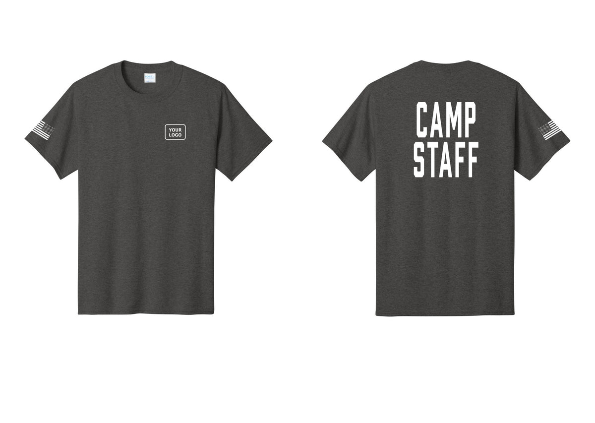 NYC Factory Unisex Custom Logo Camp Staff T-Shirt - Your Logo + Back + US Flag Sleeve - Dark Heather Grey
