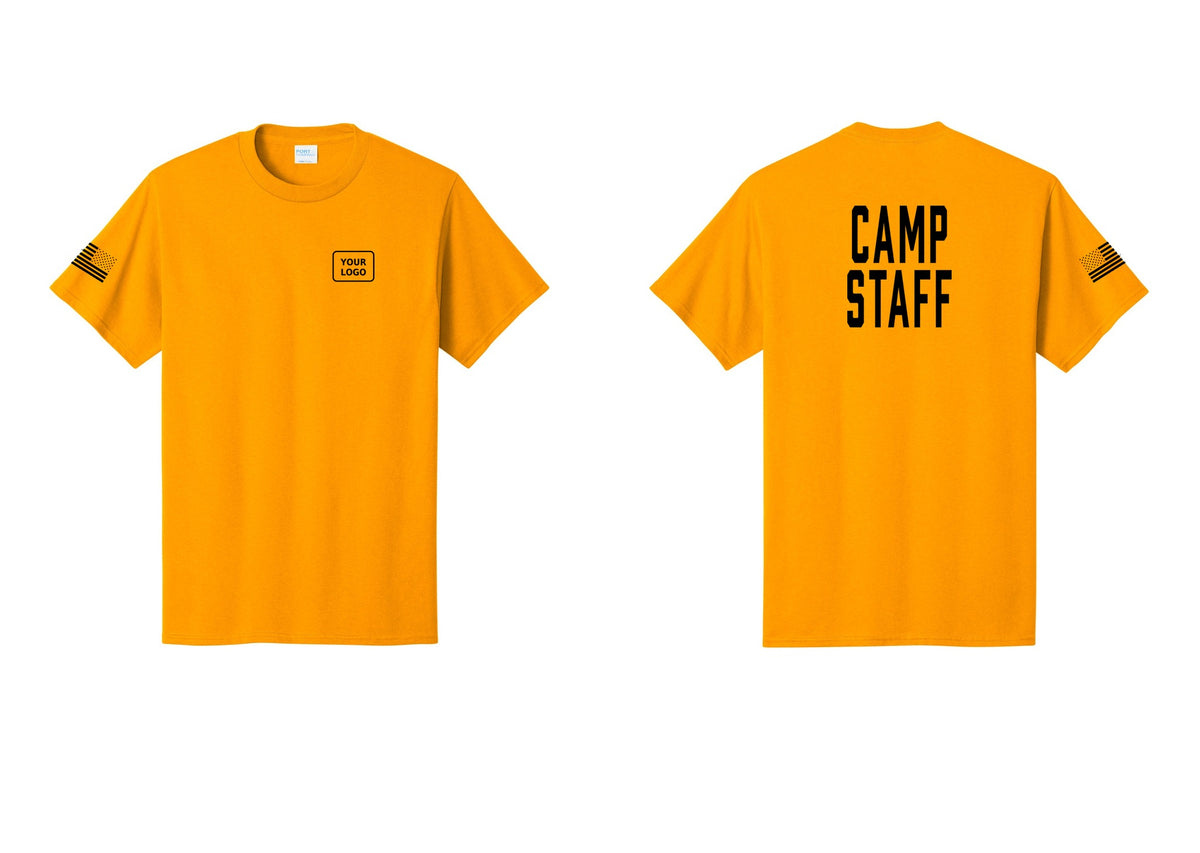 NYC Factory Custom Logo Camp Staff T-Shirt, Condensed Lettering - Your Logo + Back + US Flag Sleeve - Gold