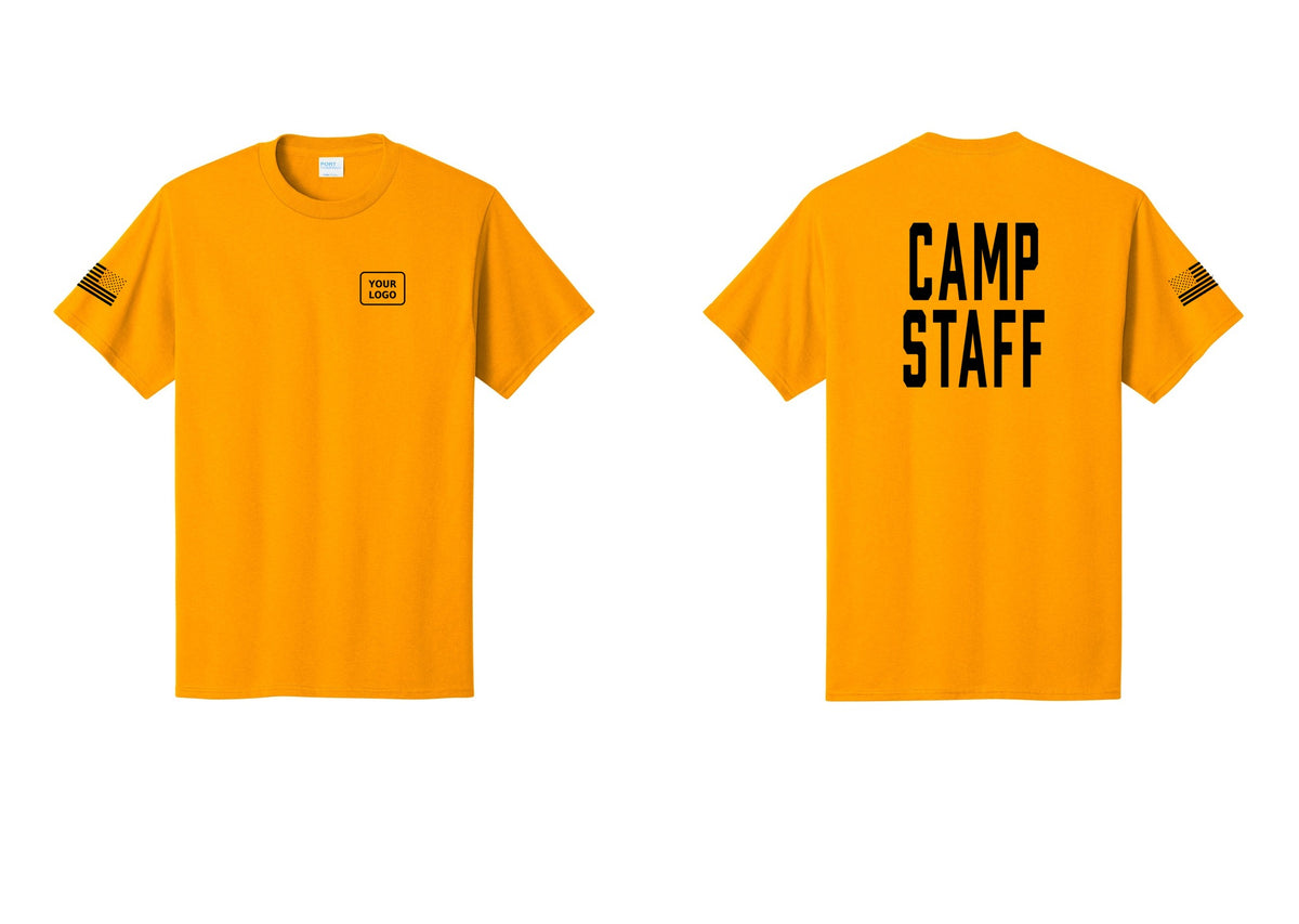 NYC Factory Unisex Custom Logo Camp Staff T-Shirt - Your Logo + Back + US Flag Sleeve - Gold