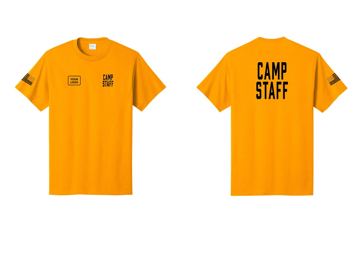 NYC Factory Custom Logo Camp Staff T-Shirt, Condensed Lettering - CAMP STAFF + Your Logo + Back + US Flag Sleeve - Gold