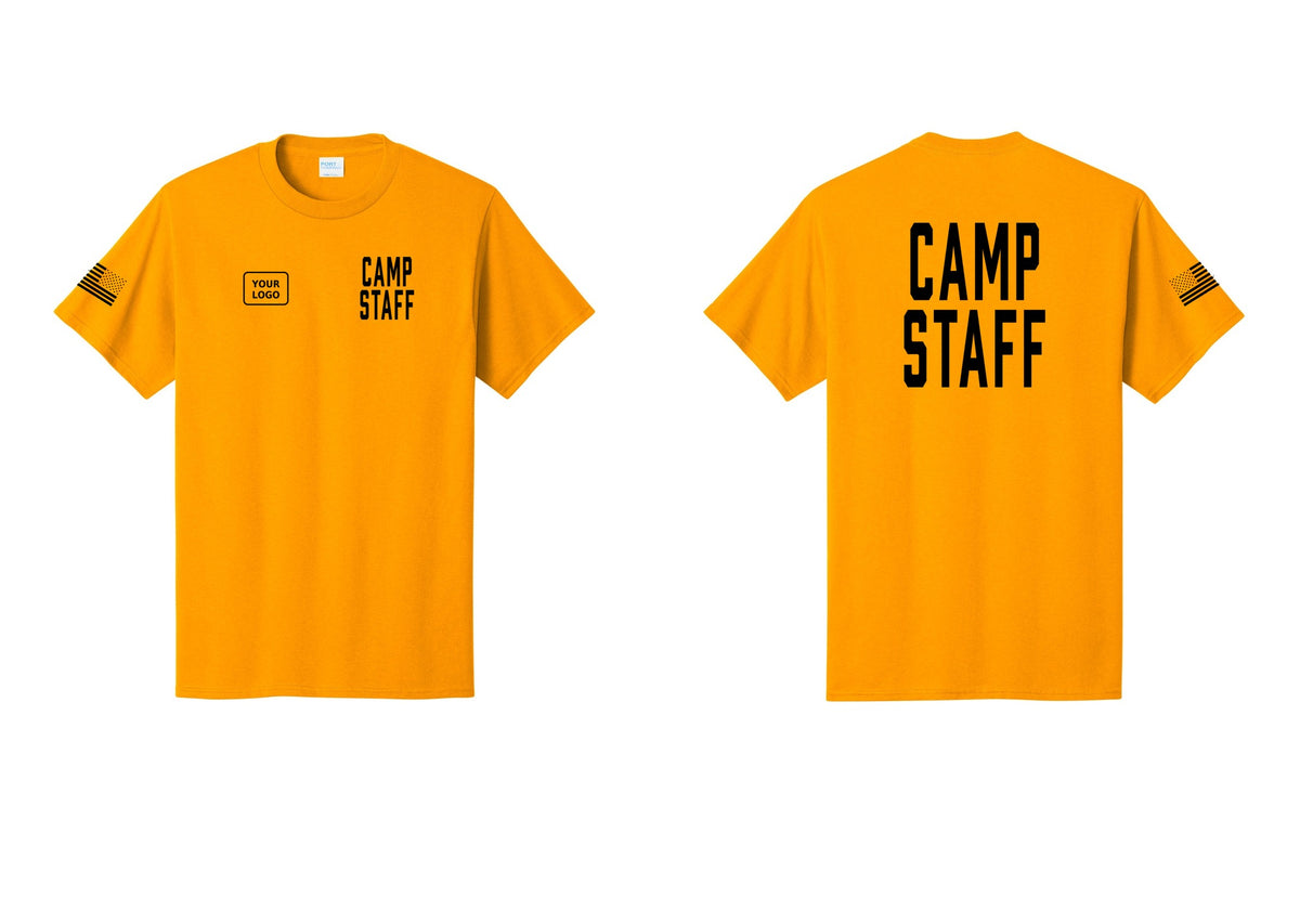 NYC Factory Unisex Custom Logo Camp Staff T-Shirt - CAMP STAFF + Your Logo + Back + US Flag Sleeve - Gold