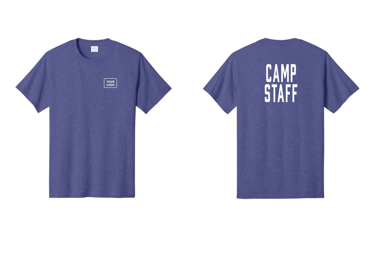 NYC Factory Custom Logo Camp Staff T-Shirt, Condensed Lettering - Your Logo + Back - Heather Purple