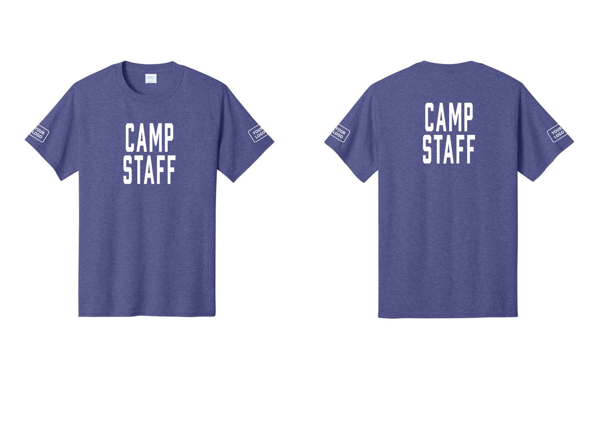 NYC Factory Custom Logo Camp Staff T-Shirt, Condensed Lettering - Front + Back + Your Logo Sleeves - Heather Purple