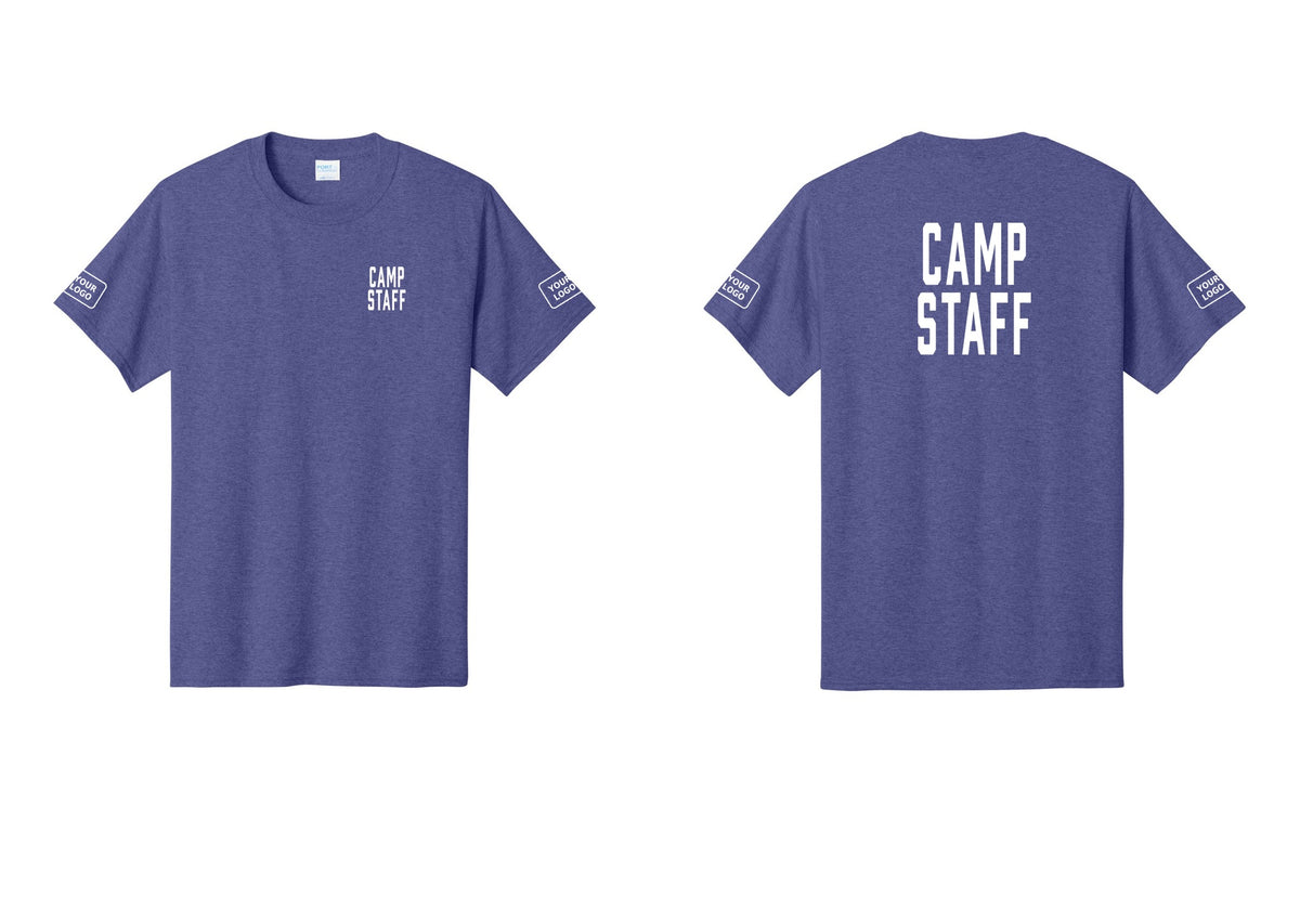 NYC Factory Custom Logo Camp Staff T-Shirt, Condensed Lettering - Chest + Back + Your Logo Sleeves - Heather Purple