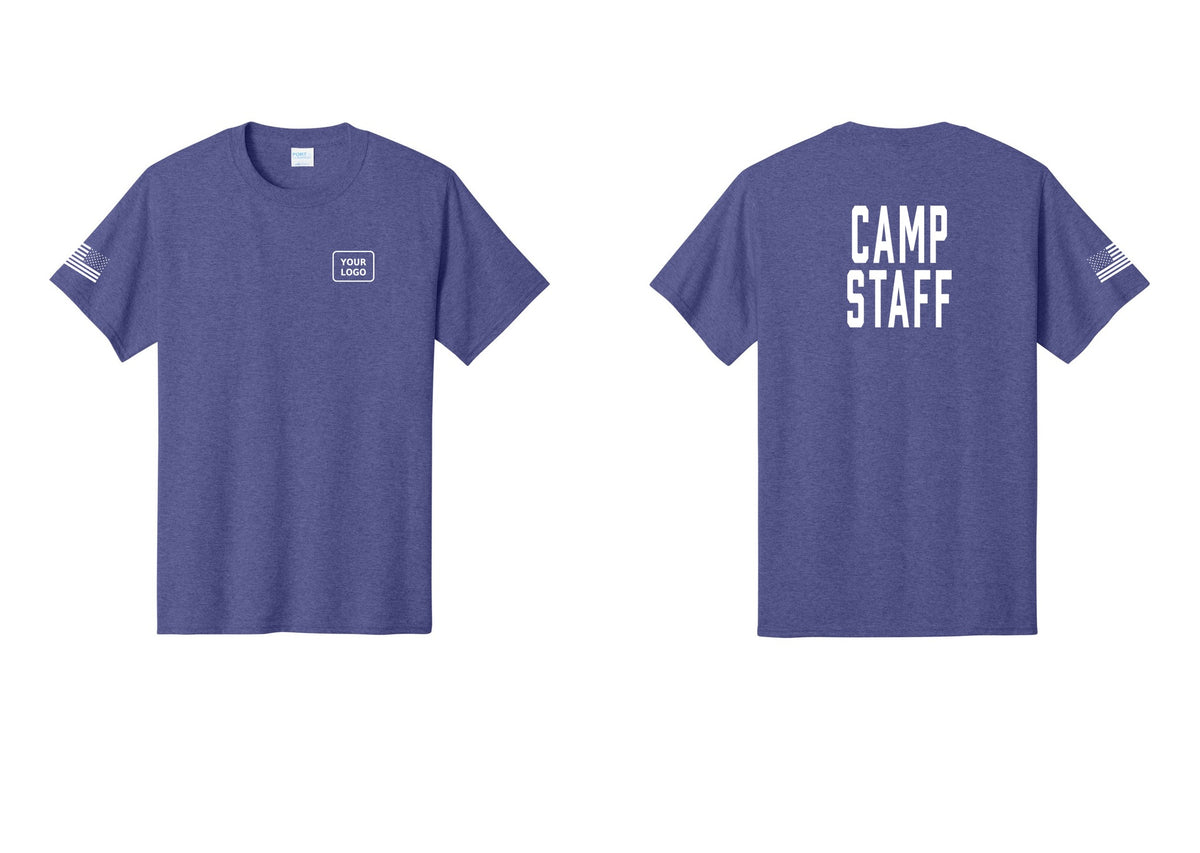 NYC Factory Custom Logo Camp Staff T-Shirt, Condensed Lettering - Your Logo + Back + US Flag Sleeve - Heather Purple