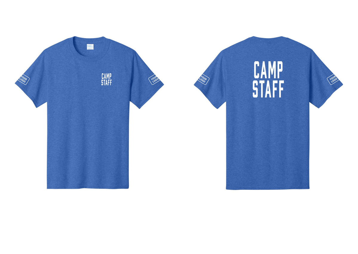 NYC Factory Custom Logo Camp Staff T-Shirt, Condensed Lettering - Chest + Back + Your Logo Sleeves - Heather Royal
