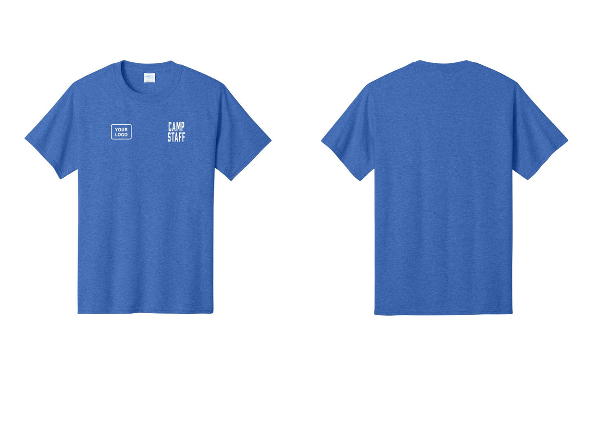 NYC Factory Custom Logo Camp Staff T-Shirt, Condensed Lettering - CAMP STAFF + Your Logo - Heather Royal