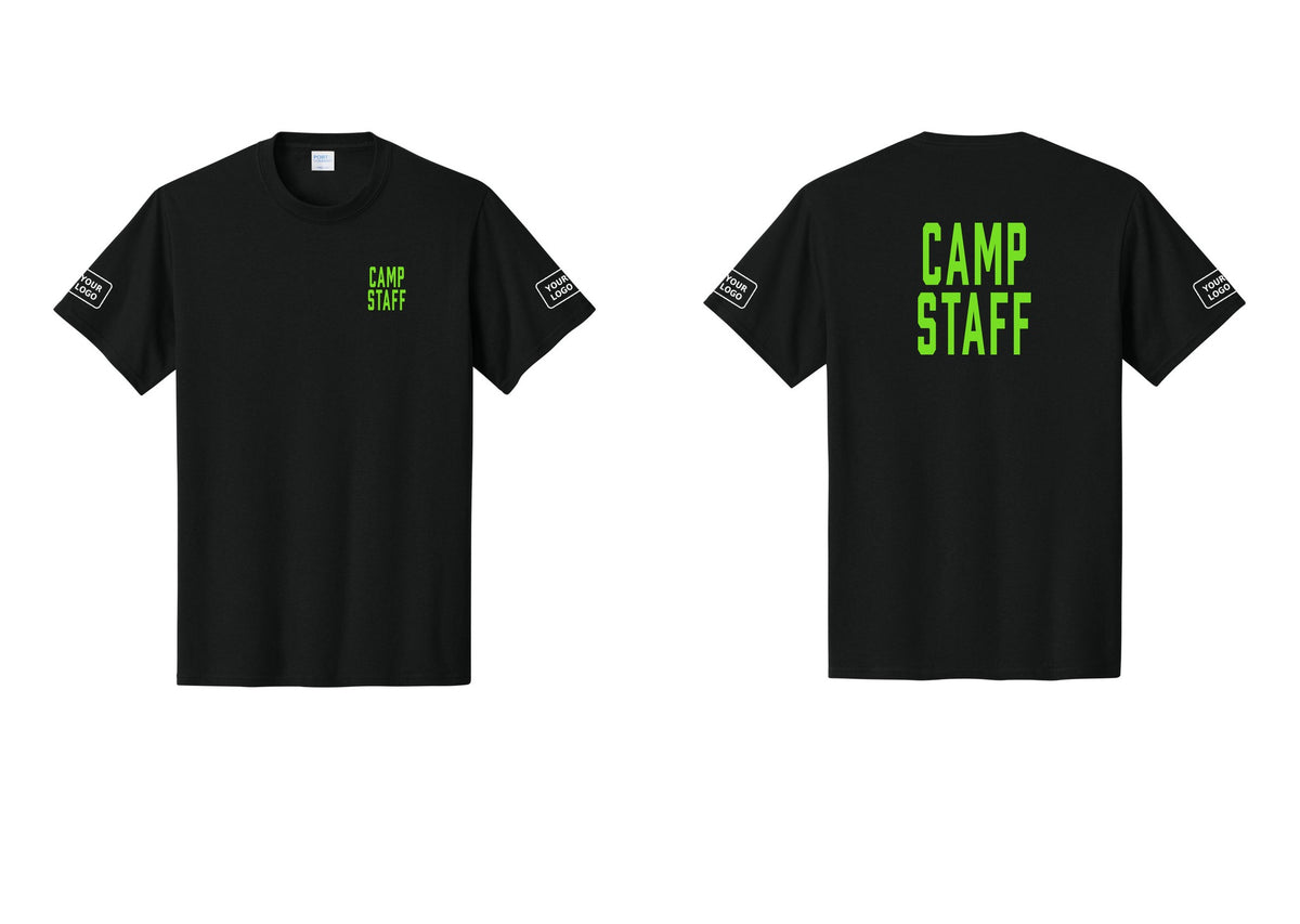 NYC Factory Custom Logo Camp Staff T-Shirt, Condensed Lettering - Chest + Back + Your Logo Sleeves - Black / Neon