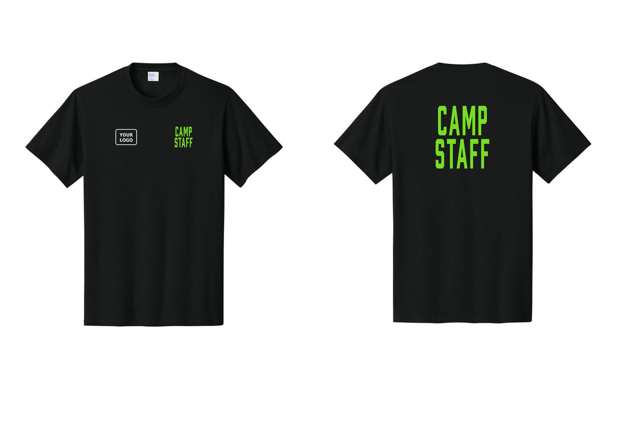 NYC Factory Custom Logo Camp Staff T-Shirt, Condensed Lettering - CAMP STAFF + Your Logo + Back - Black / Neon