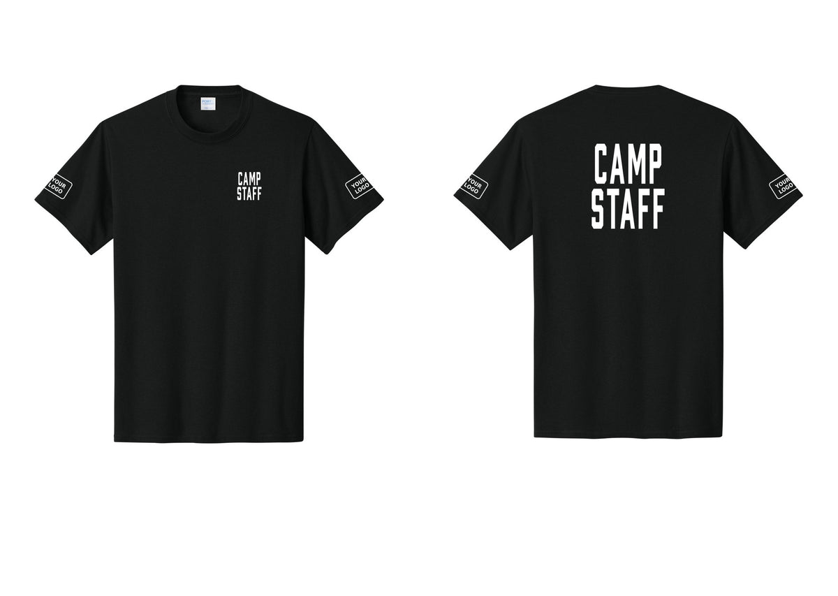 NYC Factory Custom Logo Camp Staff T-Shirt, Condensed Lettering - Chest + Back + Your Logo Sleeves - Black