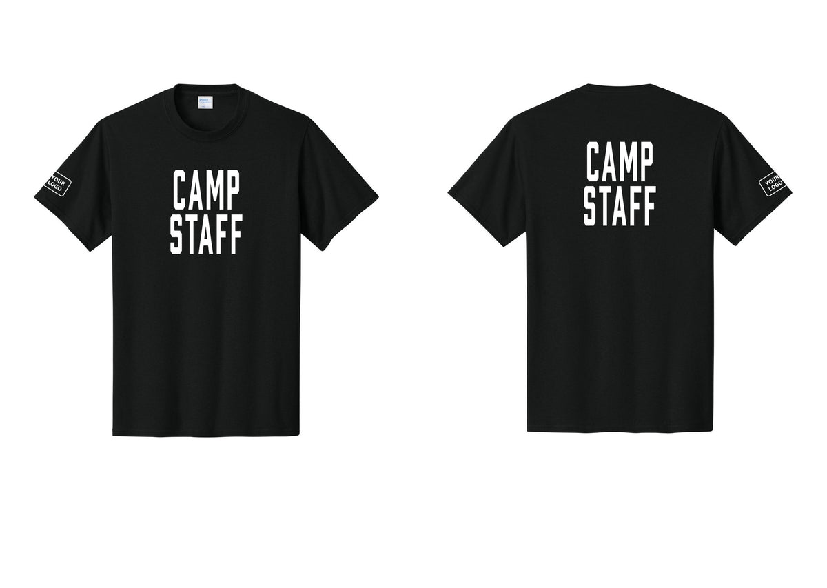 NYC Factory Custom Logo Camp Staff T-Shirt, Condensed Lettering - Front + Back + Your Logo Sleeve - Black