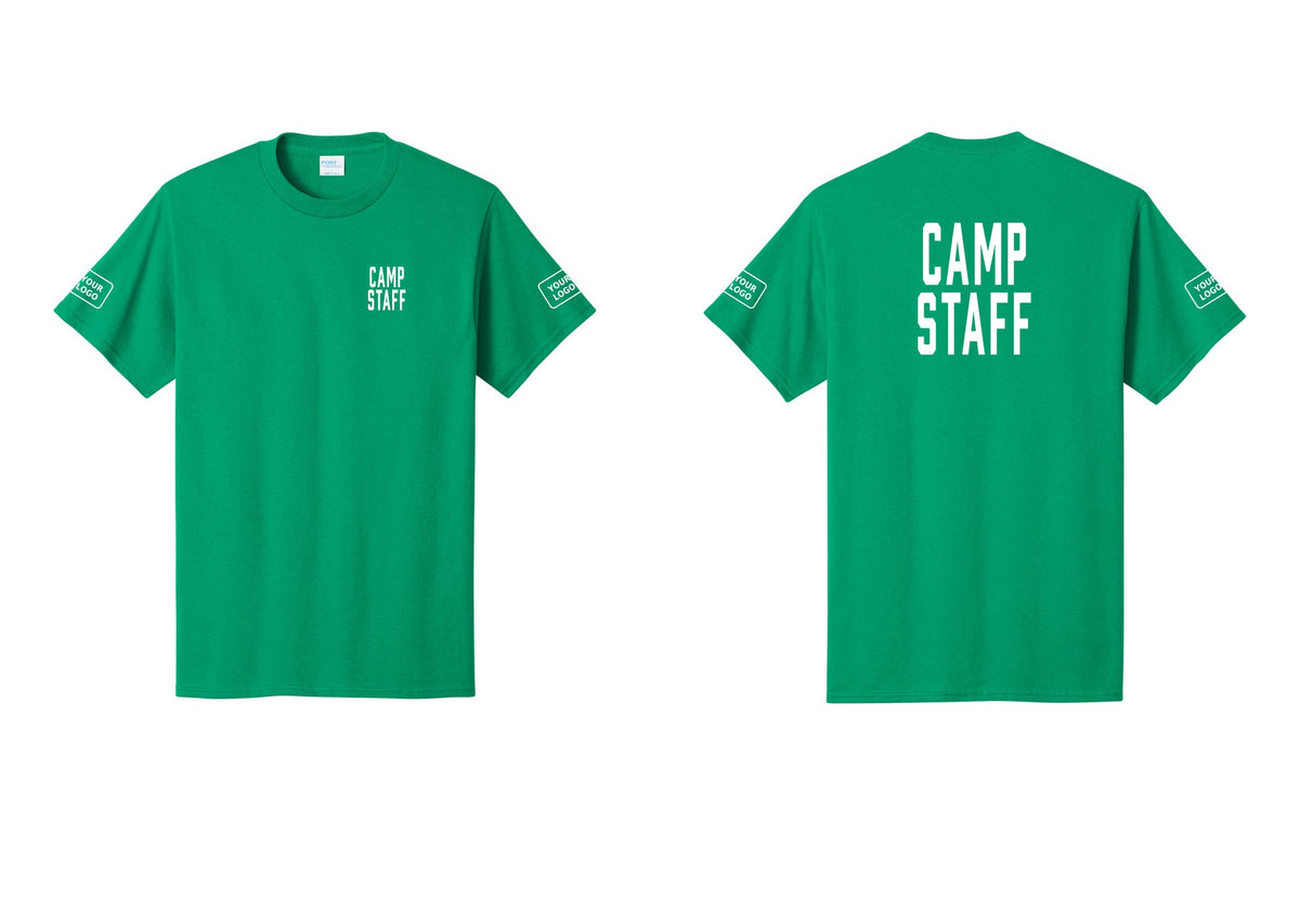 NYC Factory Custom Logo Camp Staff T-Shirt, Condensed Lettering - Chest + Back + Your Logo Sleeves - Kelly