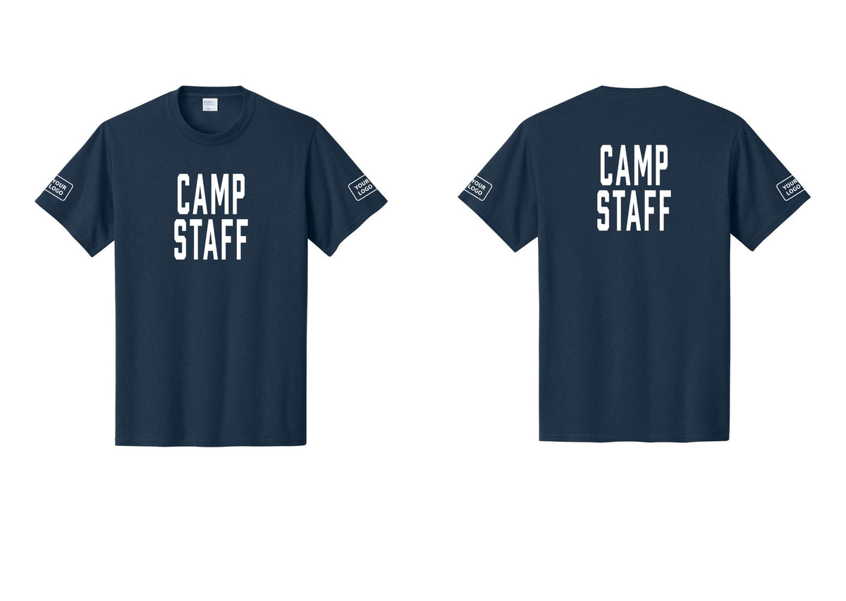 NYC Factory Custom Logo Camp Staff T-Shirt, Condensed Lettering - Front + Back + Your Logo Sleeves - Navy