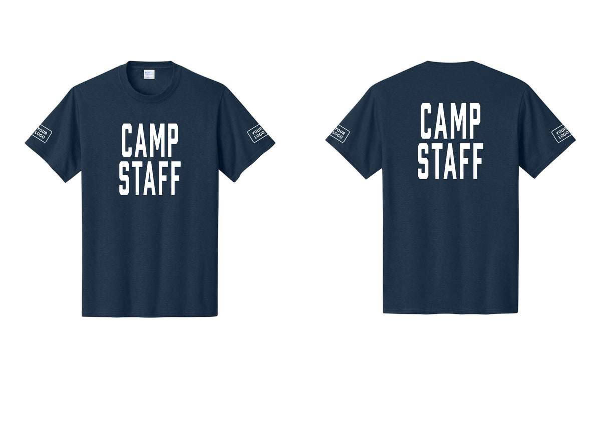 NYC Factory Unisex Custom Logo Camp Staff T-Shirt - Front + Back + Your Logo Sleeves - Navy