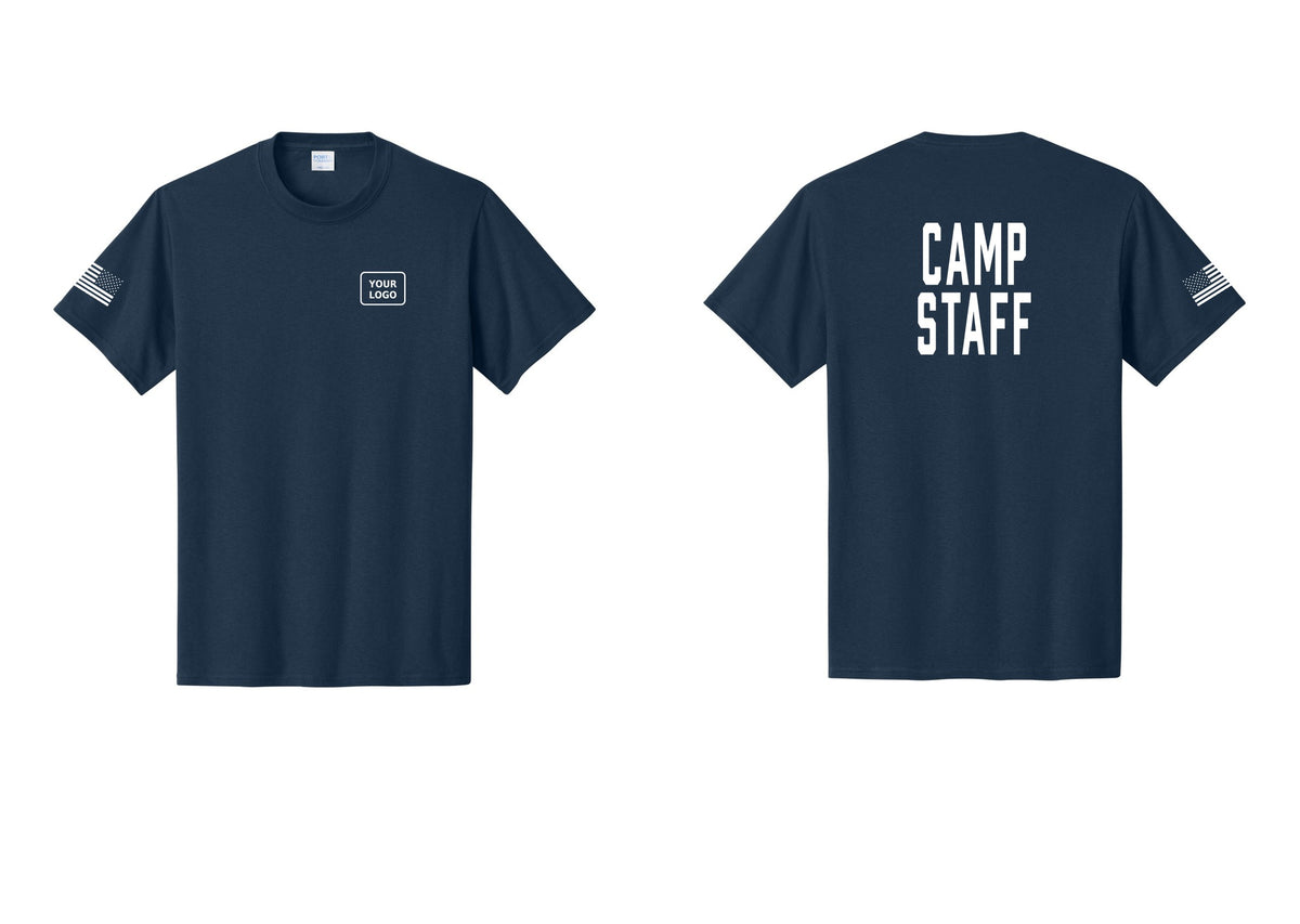 NYC Factory Custom Logo Camp Staff T-Shirt, Condensed Lettering - Your Logo + Back + US Flag Sleeve - Navy