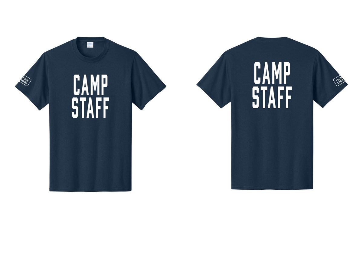 NYC Factory Unisex Custom Logo Camp Staff T-Shirt - Front + Back + Your Logo Sleeve - Navy